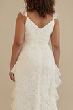 White Lace Deep V-Neck Plus Size Engagement Dress with Ruffles