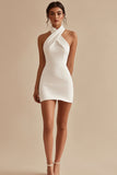 Leely Women Satin White Bodycon Cross Halter Graduation Dress Short Sleeveless Little White Dress