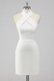 White Bodycon Cross Halter Mini Graduation Dress
