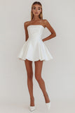 Leely Women White Strapless A Line Midi-Length Graduation Dress Satin Short Little White Dress