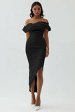 White Off The Shoulder Sheath Tea Length Graduation Dress with Ruch