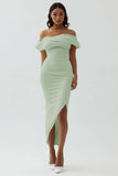 White Off The Shoulder Sheath Tea Length Graduation Dress with Ruch
