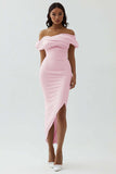 White Off The Shoulder Sheath Tea Length Graduation Dress with Ruch