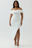 Plus Size White Ruched Sheath Midi Engagement Dress