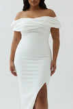 Plus Size White Ruched Sheath Midi Engagement Dress