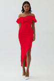 White Off The Shoulder Sheath Tea Length Graduation Dress with Ruch