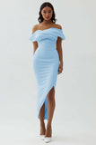 Sky Blue Sheath Off the Shoulder Tea Length Cocktail Dress with Ruch