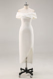 White Off The Shoulder Sheath Tea Length Graduation Dress with Ruch