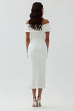 White Off The Shoulder Sheath Tea Length Graduation Dress with Ruch