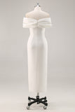 White Off The Shoulder Sheath Tea Length Graduation Dress with Ruch