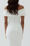 White Off The Shoulder Sheath Tea Length Graduation Dress with Ruch