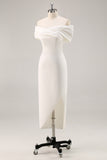 White Ruched Sheath Midi Engagement Dress