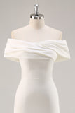 White Off The Shoulder Sheath Tea Length Graduation Dress with Ruch