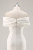 White Off The Shoulder Sheath Tea Length Graduation Dress with Ruch