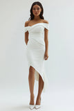 Ruched White Off The Shoulder Sheath Tea Length Graduation Dress