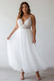 White A Line Plus Size Spaghetti Straps Tulle Engagement Dress with Lace