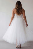 White A Line Plus Size Spaghetti Straps Tulle Engagement Dress with Lace