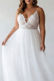 White A Line Plus Size Spaghetti Straps Tulle Engagement Dress with Lace