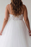 White A Line Plus Size Spaghetti Straps Tulle Engagement Dress with Lace
