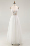 White A Line Spaghetti Straps Tulle Engagement Dress with Lace