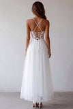 White A Line Plus Size Spaghetti Straps Tulle Engagement Dress with Lace
