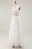 White A Line Spaghetti Straps Tulle Engagement Dress with Lace