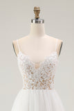 White A Line Spaghetti Straps Tulle Engagement Dress with Lace