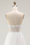 White A Line Spaghetti Straps Tulle Engagement Dress with Lace