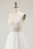 White A Line Spaghetti Straps Tulle Engagement Dress with Lace