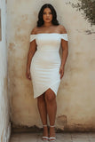 White Off the Shoulder Satin Sheath Graduation Dress