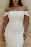 White Off the Shoulder Satin Sheath Graduation Dress