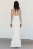 White Boat Neck Chiffon Sheath Long Graduation Dress