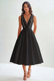 White Satin A Line V-Neck Long Graduation Dress with Beading