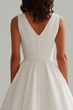 White Satin A Line V-Neck Long Graduation Dress with Beading