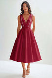 White Satin A Line V-Neck Long Graduation Dress with Beading