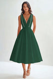 White Satin A Line V-Neck Long Graduation Dress with Beading
