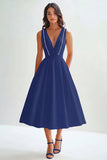 White Satin A Line V-Neck Long Graduation Dress with Beading