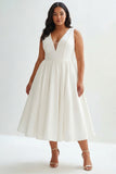 White Satin Plus Size A Line V-Neck Long Graduation Dress with Beading