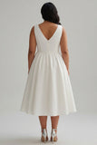 White Satin Plus Size A Line V-Neck Long Graduation Dress with Beading