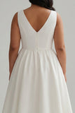 White Satin Plus Size A Line V-Neck Long Graduation Dress with Beading