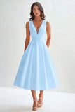 White Satin A Line V-Neck Long Graduation Dress with Beading