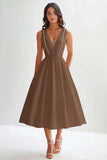 White Satin A Line V-Neck Long Graduation Dress with Beading