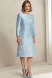 Sky Blue Scoop Neck Satin Applique Mother of the Bride Dress