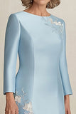 Sky Blue Scoop Neck Satin Applique Mother of the Bride Dress