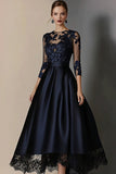 Navy A Line Satin Mother of the Bride Dress with Lace Applique