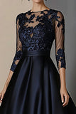 Navy A Line Satin Mother of the Bride Dress with Lace Applique