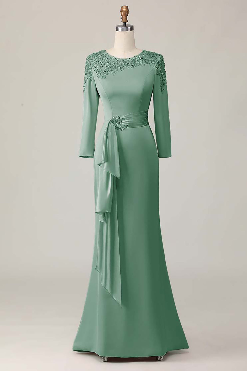 Leely Women Eucalyptus Sparkly Satin Sheath Mother of the Bride Dress with Appliques Scoop Neck Long Sleeves Formal Dress leelyuk Leely Women Eucalyptus Sparkly Satin Sheath Mother of the Bride Dress with Appliques Scoop Neck Long Sleeves Formal Dress leelyuk