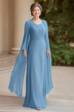 Flowy Dusty Blue Chiffon A Line Mother of the Bride Dress with Cape
