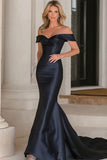 Navy Mermaid Off the Shoulder Floor Length Mother of the Bride Dress