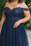 Navy A Line Plus Size Mother of the Bride Dress with Lace Applique